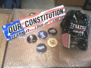 DONALD TRUMP 2020 CAP 2024 PINBACKS AND "OUR CONSTITUTION" VINYL BUMPER STICKER - Picture 1 of 7