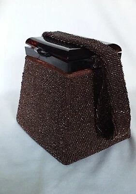 FRE-MOR 1940s Caja Bronce Cuentas Bolso Cartera Lucite o Caparazón de Tortuga Tapa Superior Foto 1 de 4