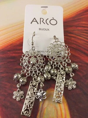 Arcò Bijoux Orecchini Metallo Colore Argento Tondo+Rettangolo Pendente Filigrana - Immagine 1 di 2