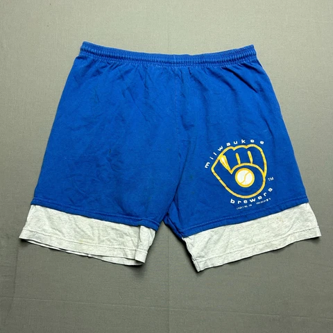 Vintage Milwaukee Brewers Short Mens XL Blue Logo 7 Baseball MLB Retro Training Cover