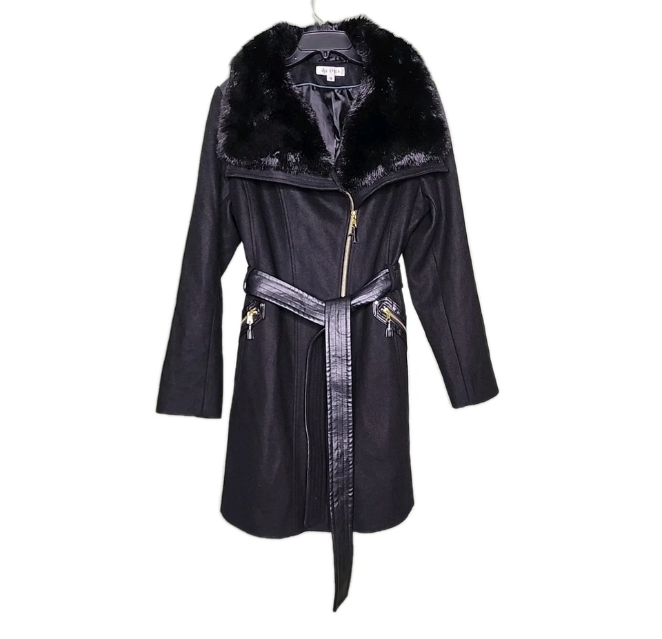 Abrigo Via Spiga Mezcla de Lana Imitación Piel Ribete 18 Negro Bolsillos Cinturón Mob Esposa Dinero Antiguo Foto 1 de 4