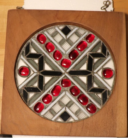 Vintage Round Art stained & leaded glass window in hanging mahogany frame Cover