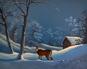 "Snow Cabin" oil painting, landscape, winter, deer, realistic, nature