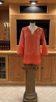 EXOFFICIO Beautiful Coral Floral Print Tunic Top W/Tie V-Neck Roll Tab Sleeves S - Image 1 of 4