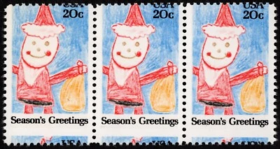 US # 2108 *MINT OG NH { "SCARCE VAR MISPERF HORIZ ) STRIP OF 3 SEASON'S GREETING - Image 1 of 2