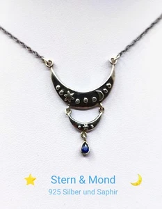 ⭐ Stern und Mond 🌙 925 Silber & Saphir Collier Filigran* Kette Antik Schmuck *  - Bild 1 von 4