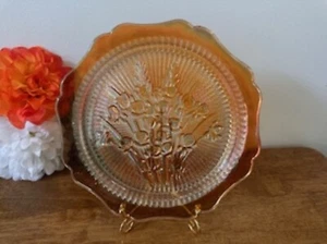 Jeannette Iris and Herringbone Marigold Carnival Glass Plate Floral Depression E - Picture 1 of 6