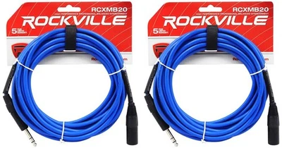 2 Rockville RCXMB20-BL Blue 20' Male REAN XLR to 1/4'' TRS Balanced Cables - Image 1 of 2