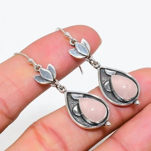 Natural Rose Quartz Divine Lotus Leaf Dangle Earring 925 Sterling Silver Jewelry - Picture 1 of 7