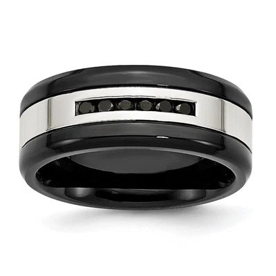 Stainless Steel Polished Black IP-plated 1/4 Ct Diamond 9mm Band Ring Size 11 - Image 1 of 4