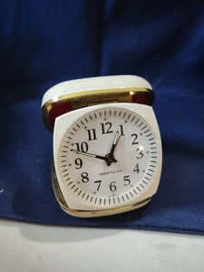 Westclox Foldable Travel Alarm Clock Vintage Windup 70s White Gold & Glow Hands - Picture 1 of 8
