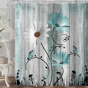 Rustic Teal Aqua Turquoise Shower Curtain,Farmhouse Daisy Butterfly Floral Fl... - Picture 1 of 6