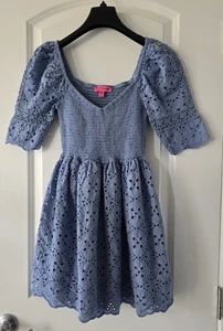 Betsey Johnson Smocked Eyelet Embroidered Blue Dress Women's Juniors Size Medium - Picture 1 of 10