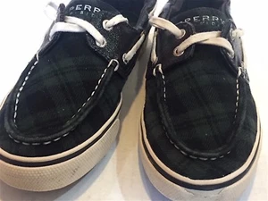 WMS. SPERRY TOPSIDERS NAVY / GREEN TARTAN PLAID 2 EYE BOAT SHOESW/ PATENT TRIM - Picture 1 of 9