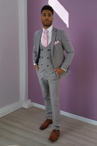 Men's Light Grey Three Piece Suit Wedding Racing Prom Groom Formal Stretch Fit - Picture 1 of 10