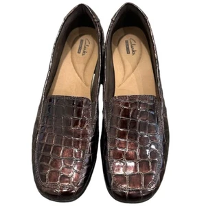 Clarks Gael Angora Vegan Loafer Womens Size 9.5 N Brown Croc Print Slip On Flats - Picture 1 of 10