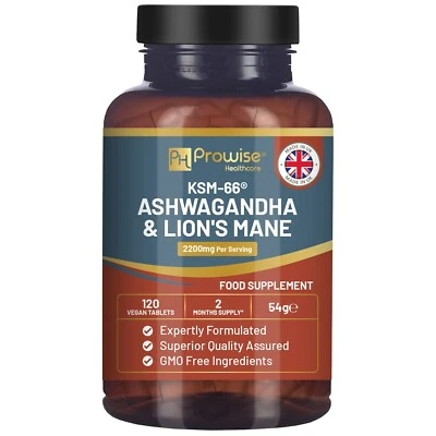 PROWISE HEALTHCARE KSM-66 Ashwagandha and Lions Mane Tablets - High Strength 2200mg