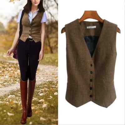 Women Vest V-Neck 5 Buttons Slim Fit Wool Blend Work Wear Two Pockets Waistcoat - Image 1 of 4