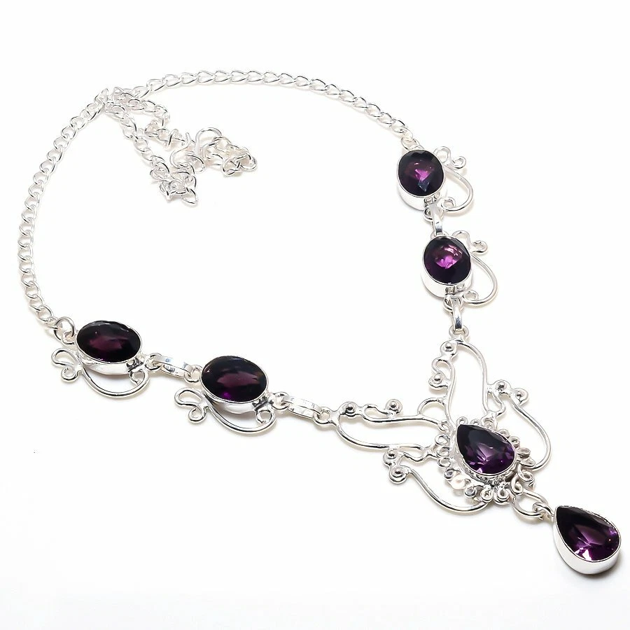 Collares de joyería de plata de ley 925 hechos a mano con piedras preciosas de amatista púrpura talla 18" Foto 1 de 1