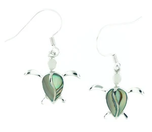 Solid 925 Sterling Silver Natural Abalone Shell Women Ocean Turtle Drop Earrings - Picture 1 of 1