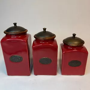 PIER 1 Import Rustic Brick Red 3 Ceramic Canister Jars Lids Set Coffee Tea Sugar - Picture 1 of 8