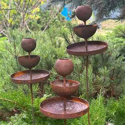 Rusty flower garden stakes, Metal rain catchers, Bee cups, Outdoor garden decor - Image 1 of 4