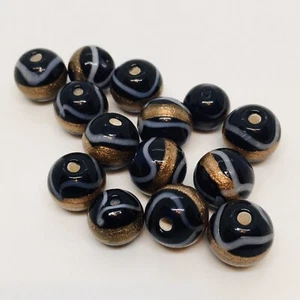 Lampworked Glass, Opaque Cobalt,Gold & White. 11-12mm. Swirl Design. 4 beads/pk. - Picture 1 of 1