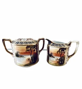 Vintage Nippon Gold handbemalt Landschaft Milchkännchen und Zucker Set mit Deckel - Bild 1 von 12
