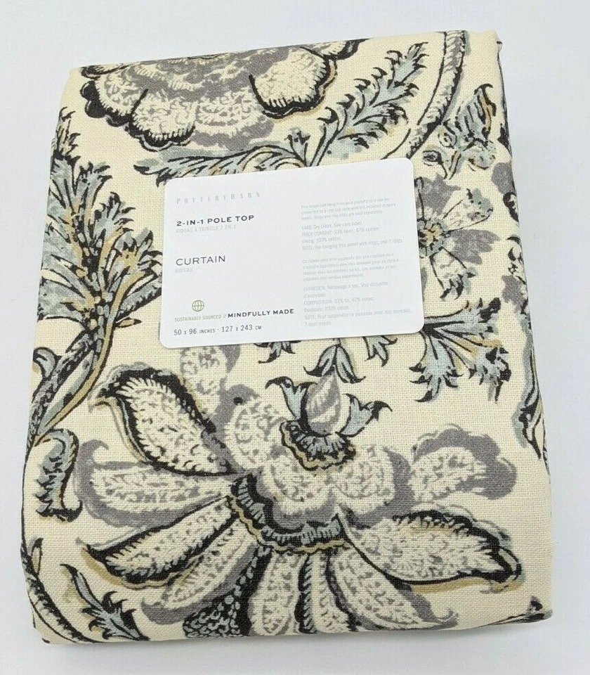 "GRANERO DE CERÁMICA ~ CORTINA DE BOLSILLO DE VARILLA DE LINO/ALGODÓN CON ESTAMPADO DE HENO en GRIS, 96""" Foto 1 de 1