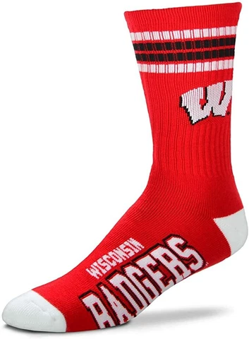 Wisconsin Badgers NCAA Red White Black 4-Stripe Deuce Crew Socks *Large Cover