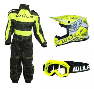 Kids Wulfsport Wulf MX Quad Motocross Overall Helmet Goggle Yellow Set #O4 - Picture 1 of 5