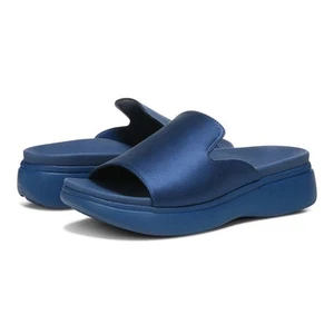 NEW Vionic Monica Women's 6.5 Blue Satin Wedge Slides Orthotic Sandals - Picture 1 of 10