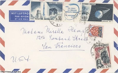 Francia 1965 Cubierta de correo aéreo Cohete Diamante Primer satélite A1 Cancelación espacial Foto 1 de 4