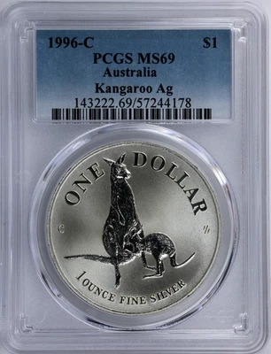 1996-C Australia Kangaroo $1 Dollar Ag 1 Oz Fine Silver KM# 297 PCGS MS69 - Image 1 of 4