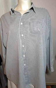 MILI Designs Y2K Black Stripe Blouse 3X Embellished Stars Sparkly '2000' Pocket - Picture 1 of 6