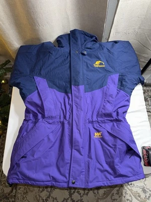 Chaqueta de esquí vintage Helly Hansen púrpura azul marino bloques de colores con capucha para hombre L Foto 1 de 4