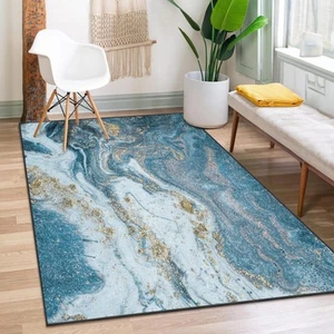 Area Rug, Washable and Non-Slip 3'x5' Marble Blue Golden Gold Earth Merry Chr... - Picture 1 of 7