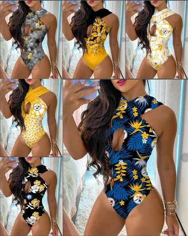 Pittsburgh Steelers Womens One Piece Halter Neck Bathing Suit Cutout Swimsuit Cover
