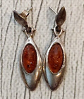 925 Sterling Silver - Vintage Amber Shiny Oblong Dangle Earrings