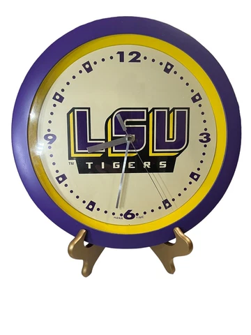LSU Tigers 12” Clock Hana Time Rare Version Purple W/ Stand Excellent Condition Cover