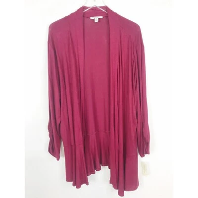 Studio Works Cardigan Sweater Women 3X Burgundy Red Long Open Front Stretch Knit - Image 1 of 4