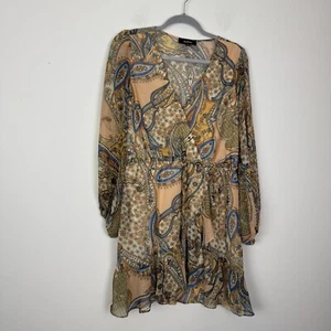 Aakaa orange braun Paisley V-Ausschnitt lang Ballonärmel Chiffon Kleid Größe Small - Bild 1 von 7