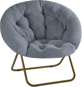 Foldable Comfy Saucer Chair Modern Faux Fur Cozy Moon Lounge Chair w/Metal Frame - Picture 1 of 7