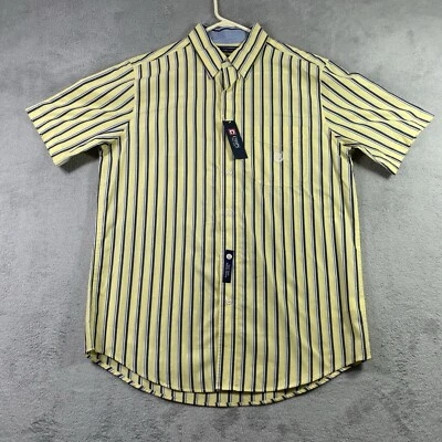 Camisa Chaps Fácil Cuidado Hombre Mediana Amarilla Azul Rayas Preppy Manga Corta Bolsillo Foto 1 de 4