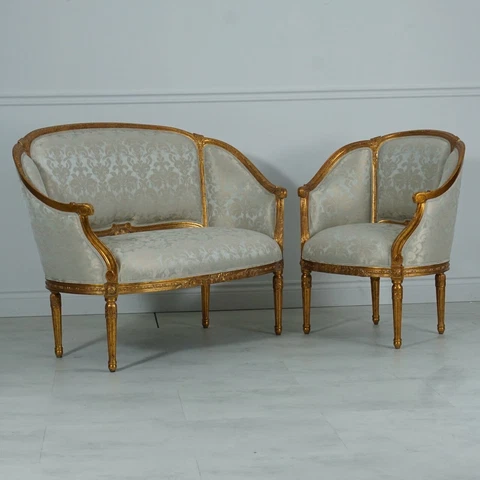 French 2 seater Sofa and 2 chairs with antique gold leaf damask fabric Cover
