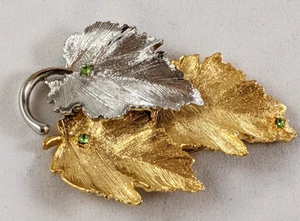 Vintage Silver/Gold Tones Leaf Brooch w/ Green Rhinestones - Picture 1 of 9