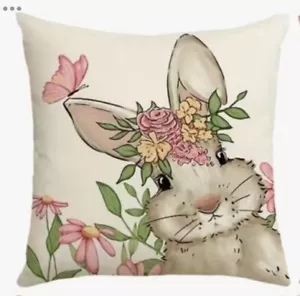Adorable Bunny Floral Garden Spring Easter Throw Pillow Cover Holiday Home Decor - Picture 1 of 4