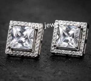 2.10Ct Round Simulated Diamond Men's Square Style Stud Earring Back 925 Silver - Picture 1 of 5