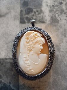 Antique Estate Sterling Silver Carved Shell Cameo Brooch Pendant