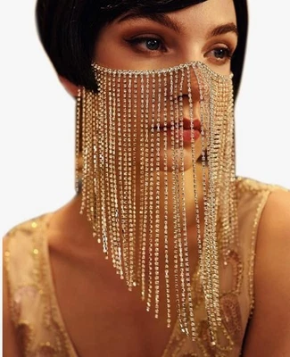 Women Masquerade Rhinestone Face Veil Mask  Fringe Trim Costume Belly Dancer - Image 1 of 4